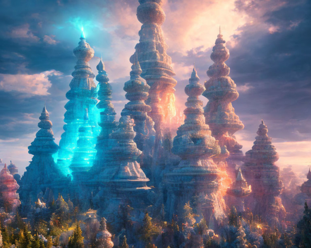 Majestic forest landscape with mystical blue light and towering spires at sunrise