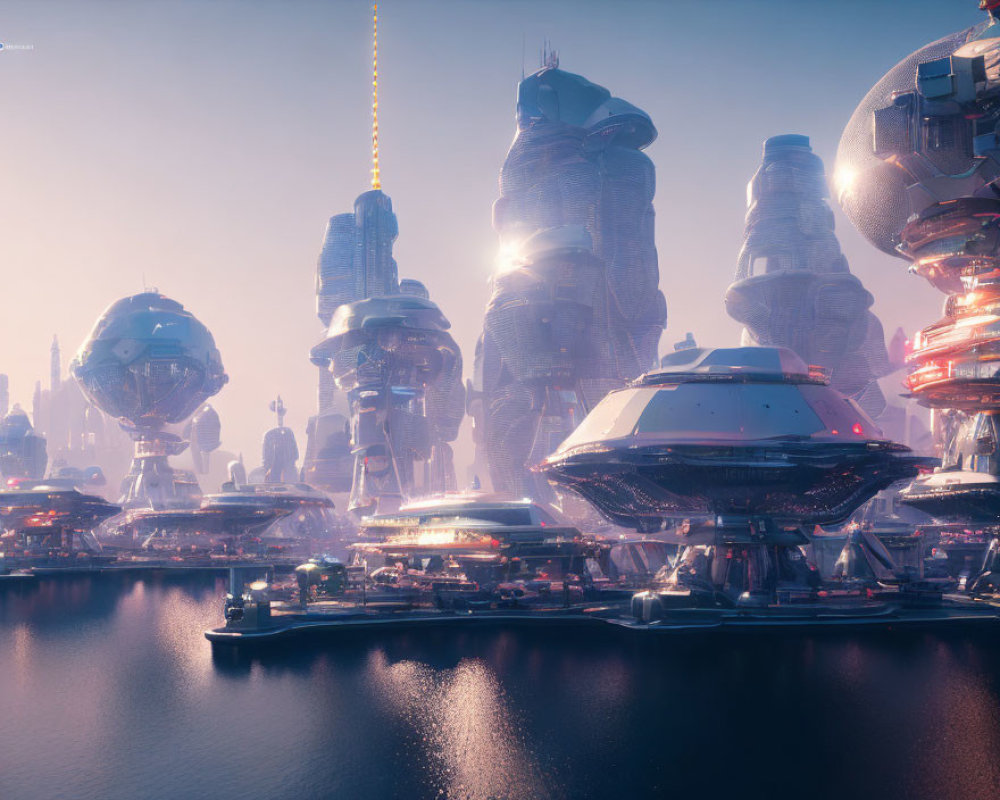 Futuristic cityscape featuring towering skyscrapers, glowing lights, flying vehicles, and misty