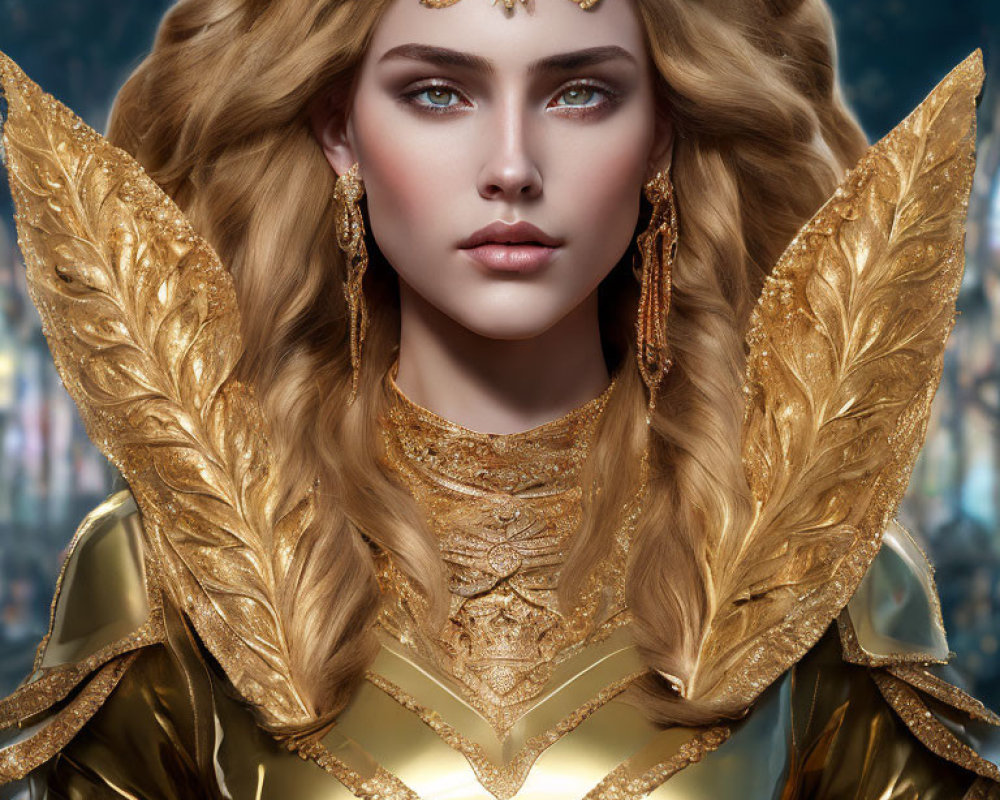 Regal woman in golden armor against fantastical backdrop