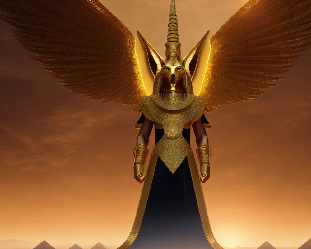 Egyptian Deity with Golden Anubis-Like Head and Wings in Ornate Armor against Sunset