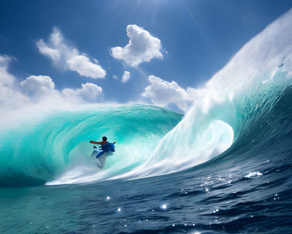 Surfer riding massive blue wave under bright sun and clear skies