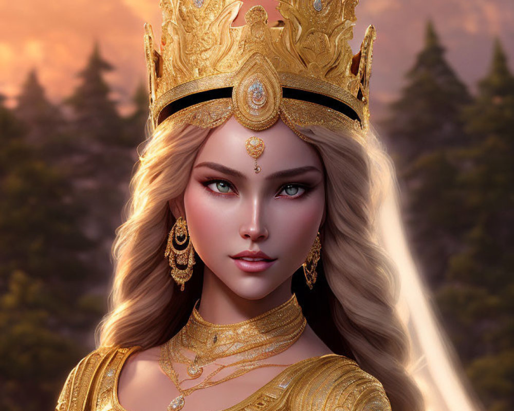 Regal woman in golden crown and armor against sunset forest.