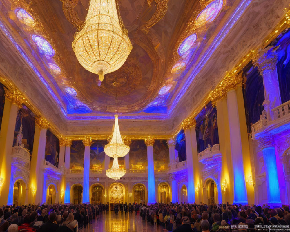 Luxurious Event Venue with Golden Columns and Crystal Chandeliers