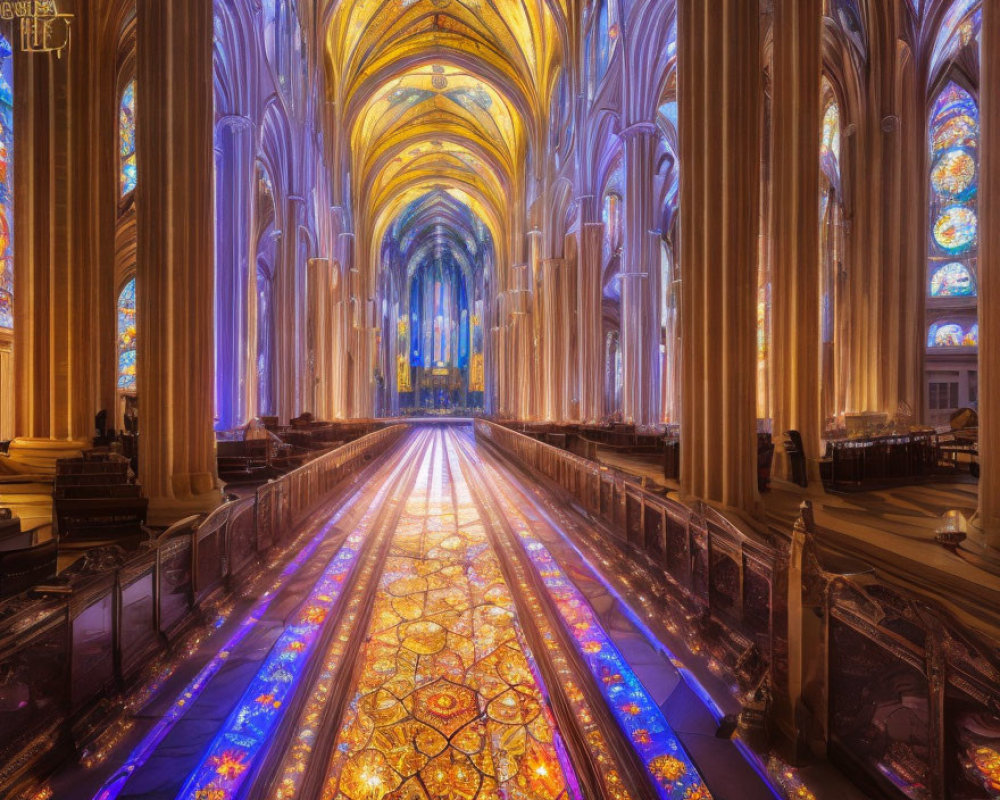 Ornate Cathedral Interior with Vaulted Ceilings and Stained Glass Windows