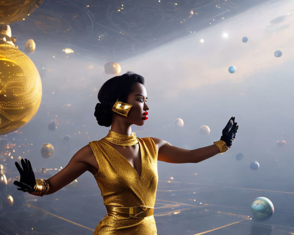 Woman in golden dress surrounded by floating orbs and futuristic architecture exudes elegance and sci-fi opulence.