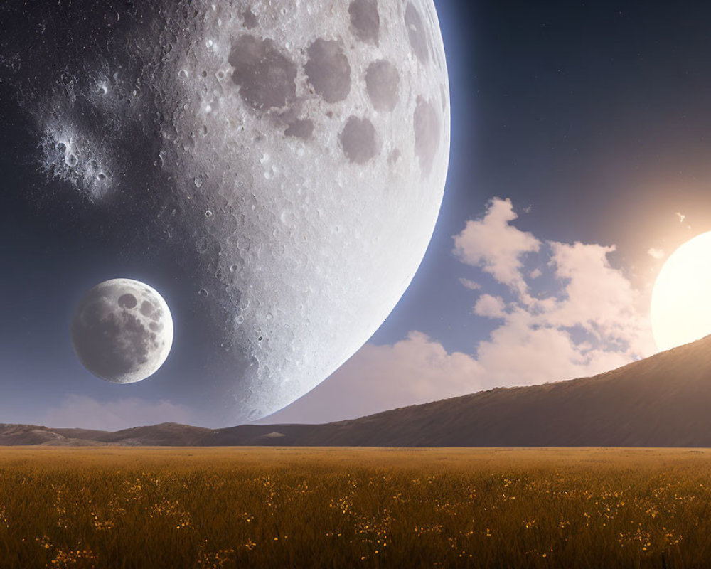 Surreal landscape with oversized moon, flowers, smaller moon, sun, and twilight sky