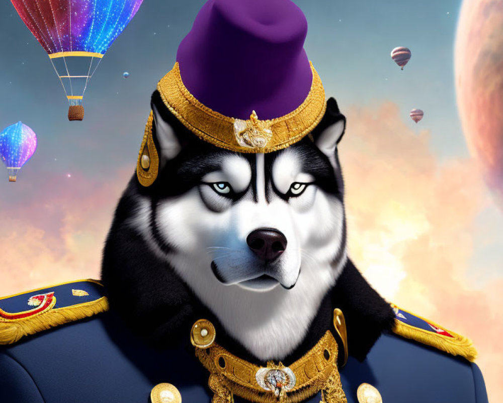 Anthropomorphic husky in military uniform with medals and purple shako hat, whimsical sky backdrop