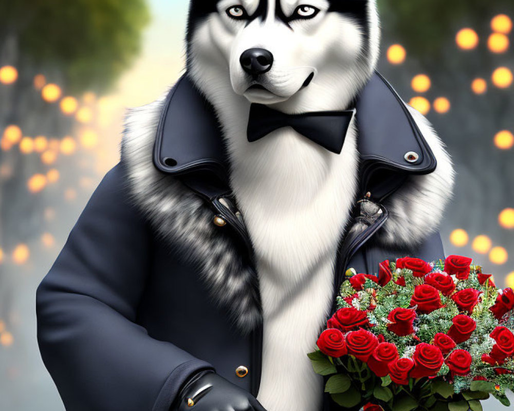 Anthropomorphic husky in leather jacket and bowtie with red roses bouquet in festive background.