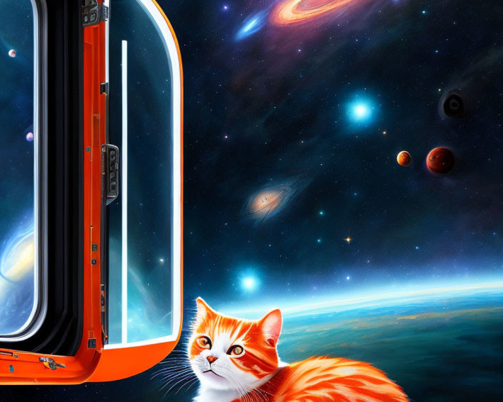 Cat by Open Spacecraft Window Observing Cosmic Scene