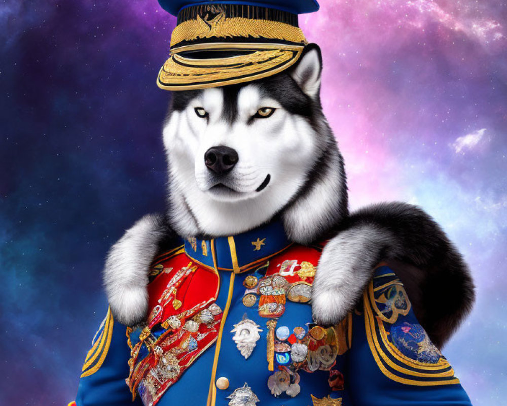 Anthropomorphic dog in military uniform with cosmic background