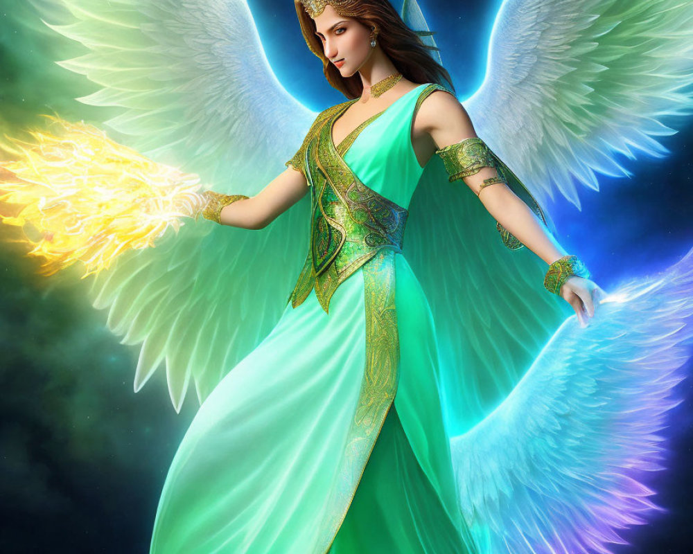 Angel with illuminated wings holding glowing object in elegant attire