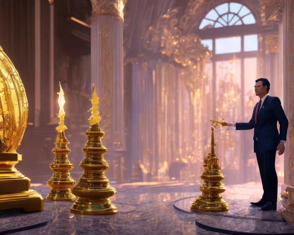 Man in suit admires lavish, golden hall with oversized chess set