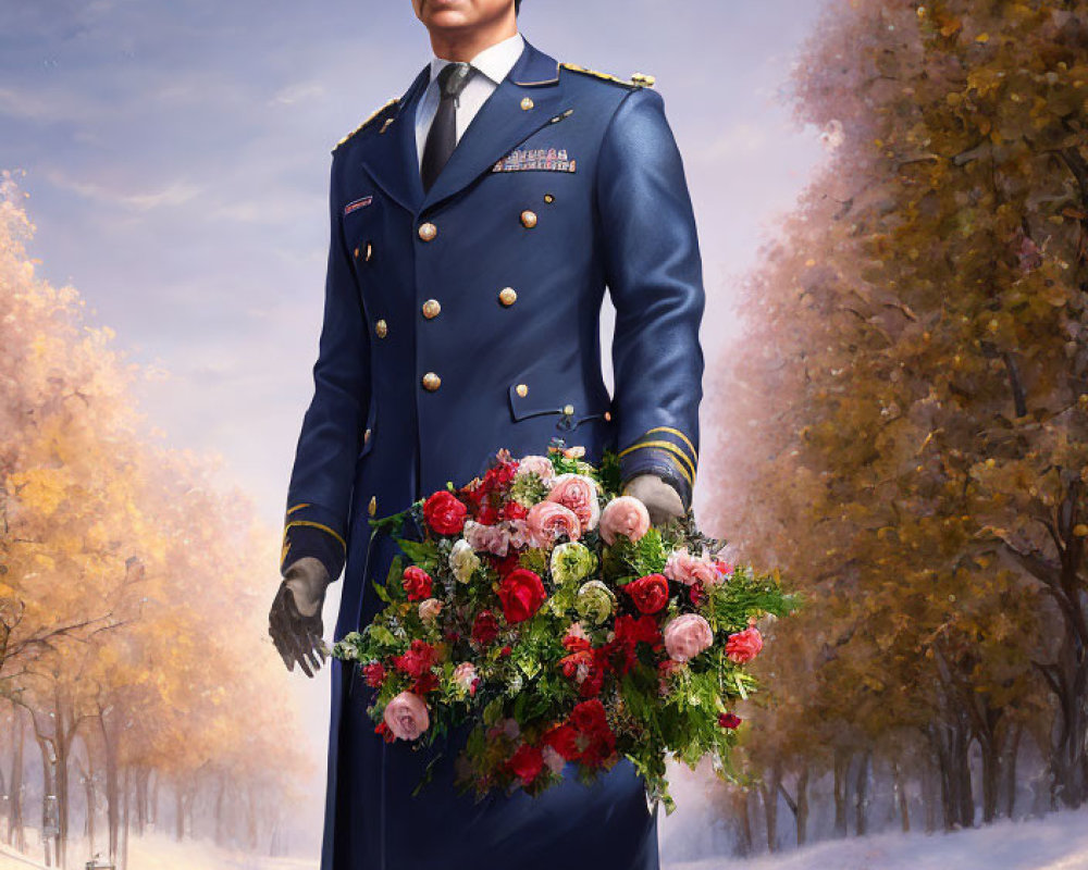 Digital Artwork: Stern Man in Military Uniform with Flowers in Autumn Setting