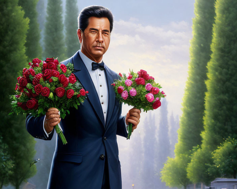 Man in Blue Suit Holding Red Roses Bouquets in Digital Painting