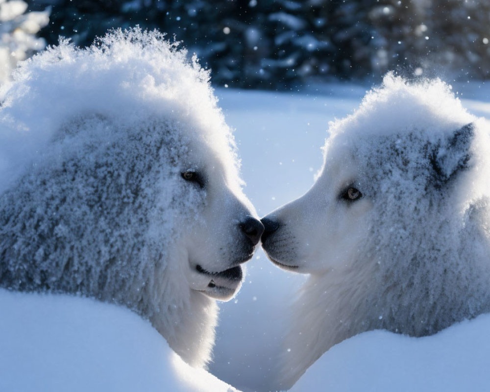 Fluffy white dogs touching noses in snowy landscape