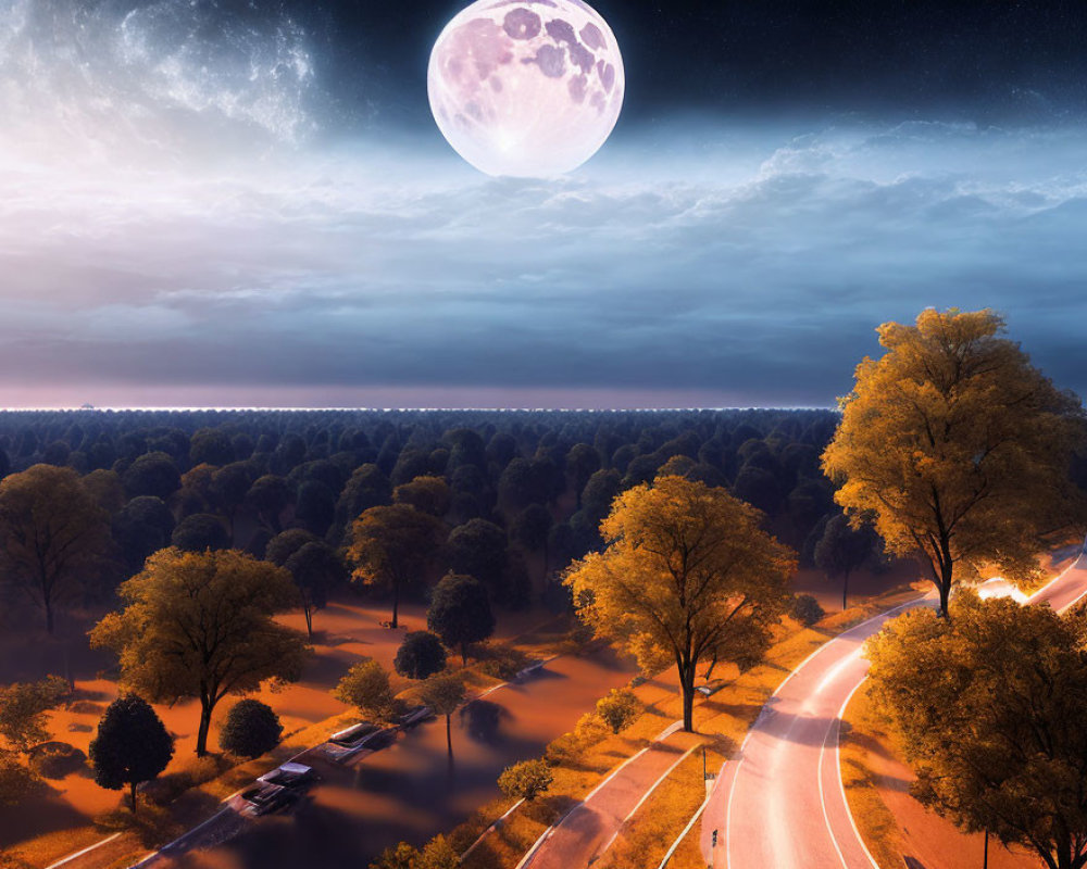 Large Moon Over Forest with Winding Road at Night