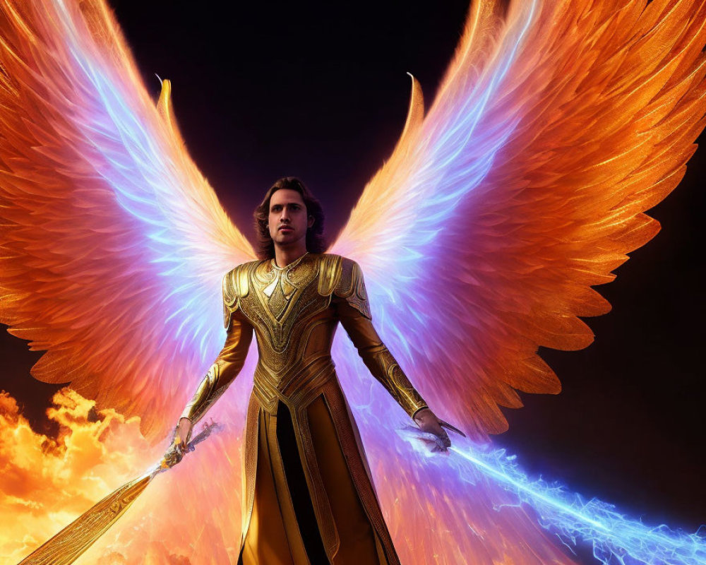 Golden-armored figure with angelic wings and lightning sword in dramatic sky.