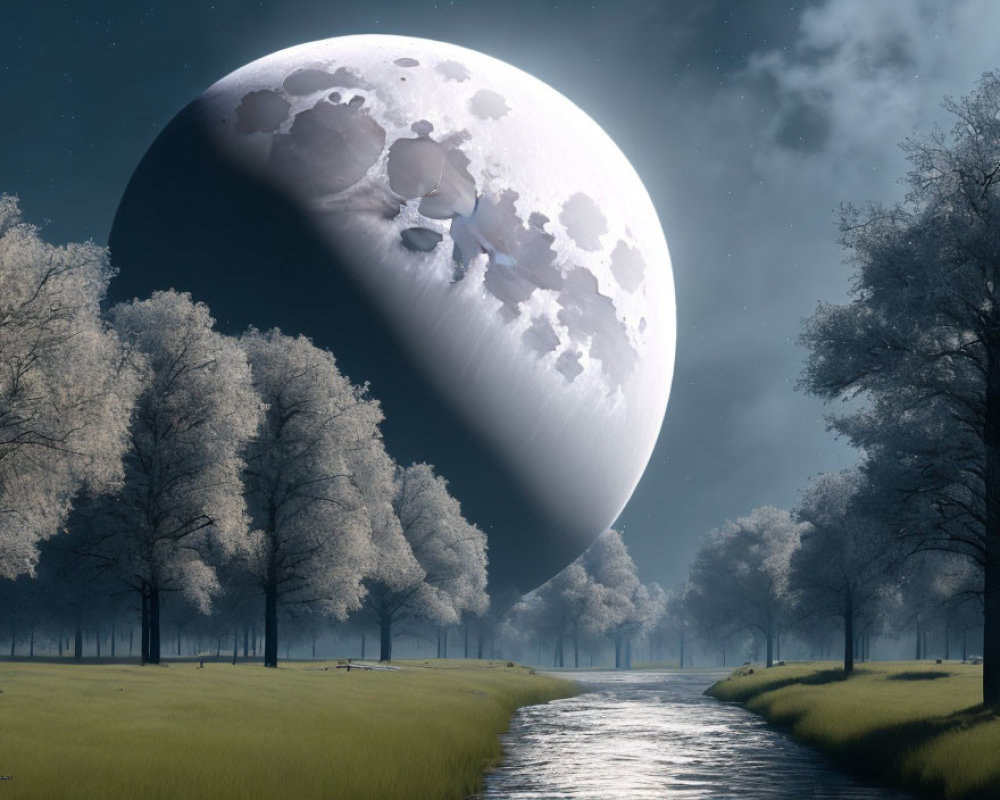 Surreal landscape with large moon over tranquil river and trees