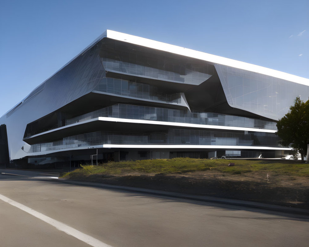 Modern multi-tiered building with angular design and glass facade under clear blue sky