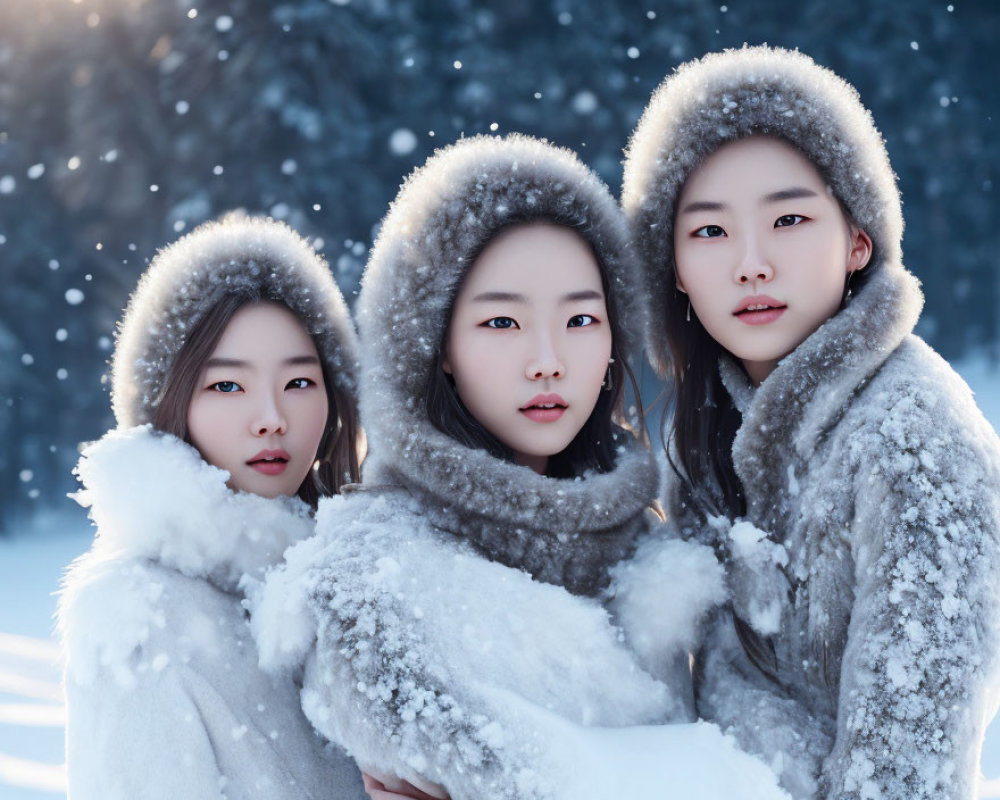 Three people in winter attire with fur hoods in snowy scenery.