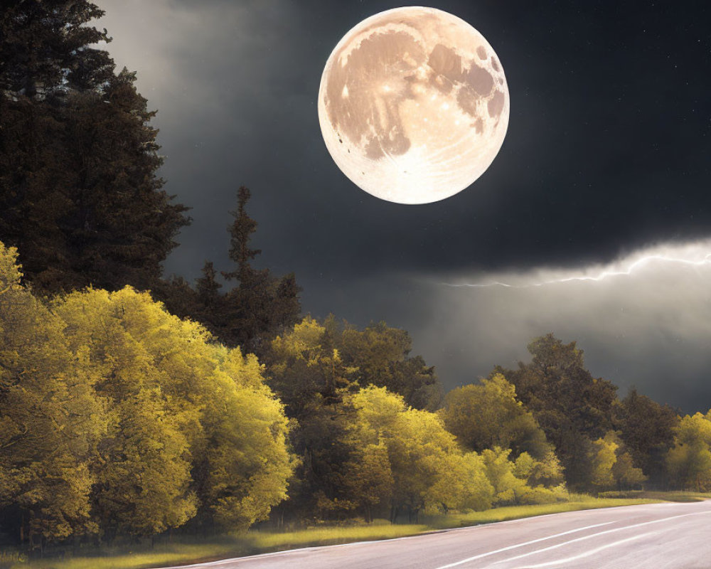 Full Moon Over Forested Landscape and Curving Road in Stormy Night Sky