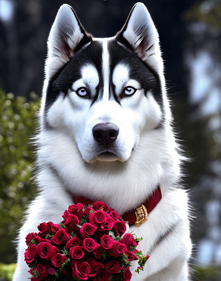 Siberian Husky with Blue Eyes Holding Red Roses in Nature