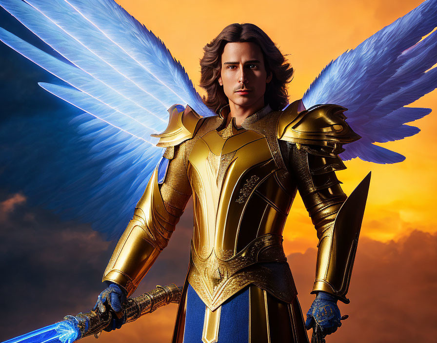 White-winged character in golden armor wields blue sword under orange sky