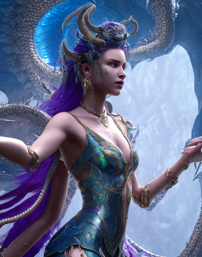 Fantasy elf woman with purple hair and horns in blue and gold armor with a dragon in icy setting