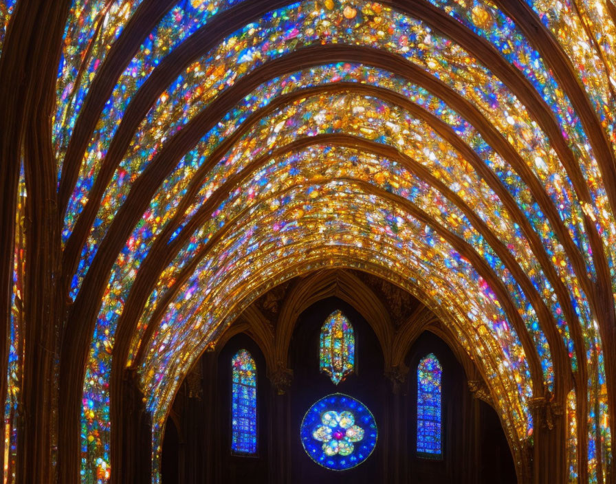 Gothic Style Archway with Vibrant Stained Glass Ceilin