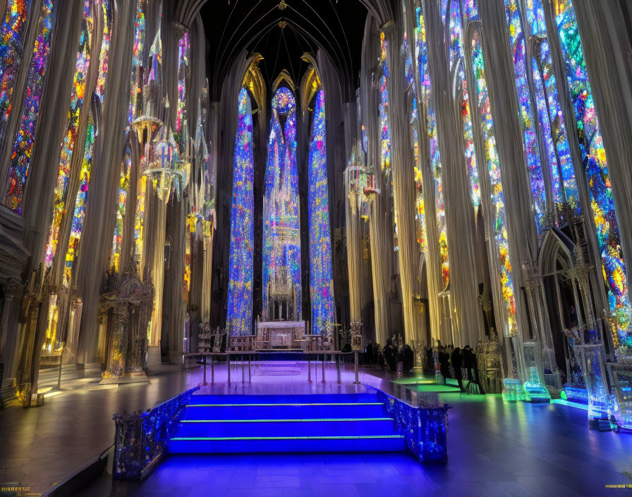 Gothic Cathedral Interior with Pointed Arches and Stained-Glass Windows