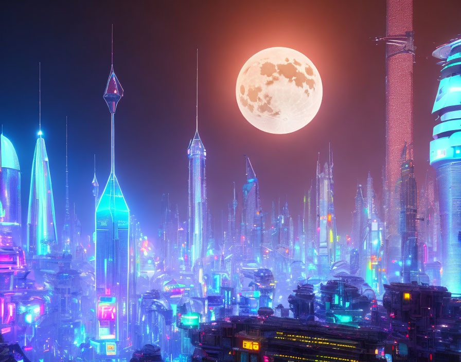 Futuristic neon-lit cityscape with skyscrapers under full moon