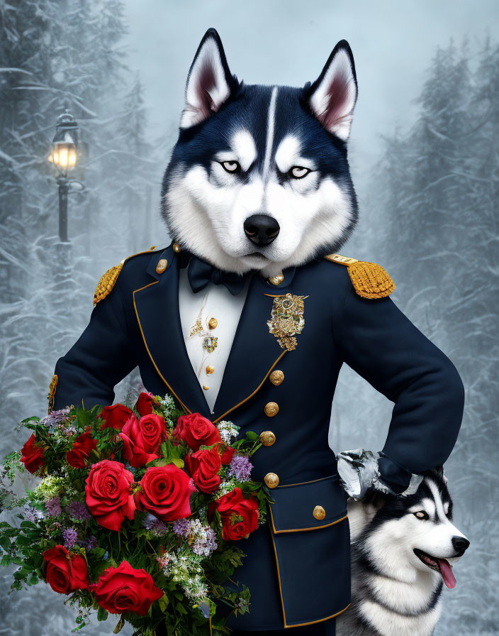 Digitally altered image of husky in navy uniform with roses next to real husky in snow