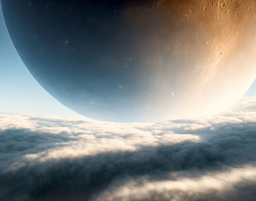 Giant planet with cratered surface under vast cloud sea