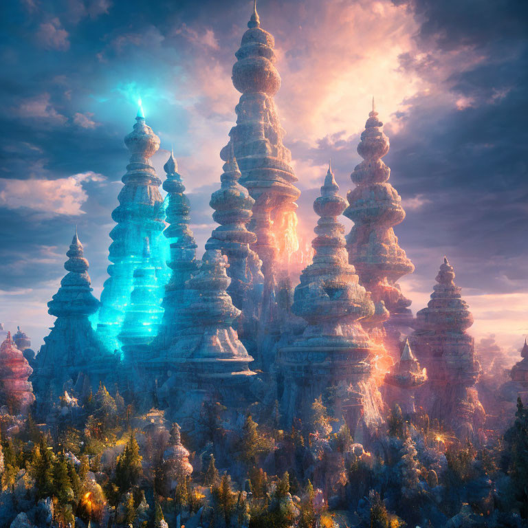 Majestic forest landscape with mystical blue light and towering spires at sunrise