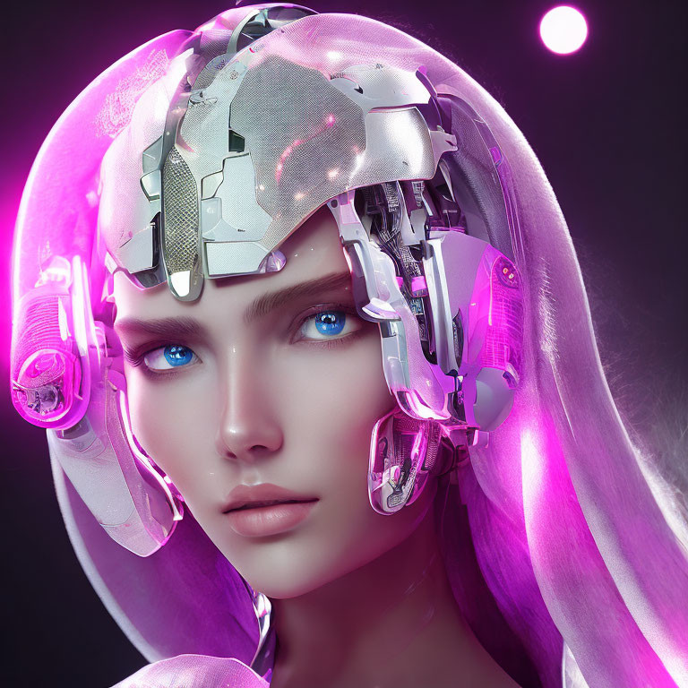 Female Cyborg with Metallic Headgear and Vibrant Blue Eyes on Dark Background