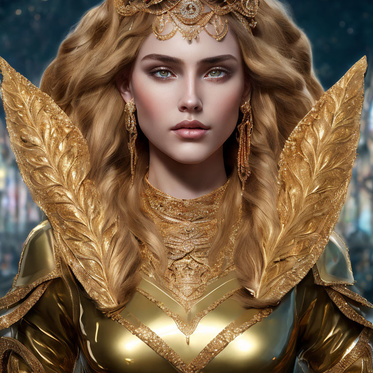 Regal woman in golden armor against fantastical backdrop