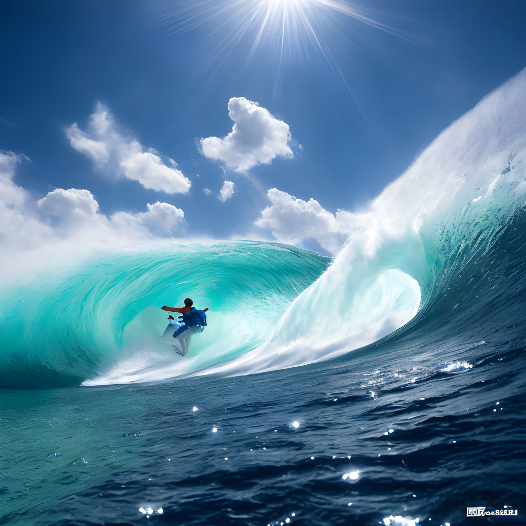 Surfer riding massive blue wave under bright sun and clear skies