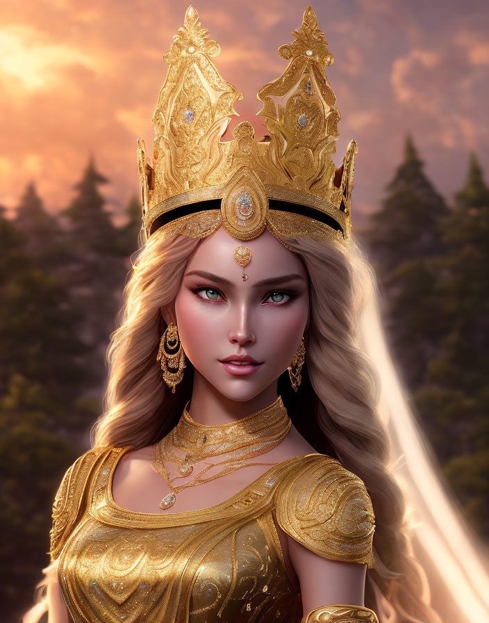 Regal woman in golden crown and armor against sunset forest.