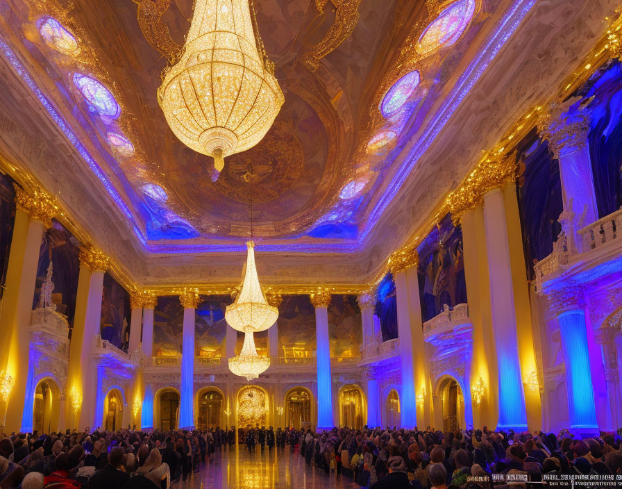 Luxurious Event Venue with Golden Columns and Crystal Chandeliers