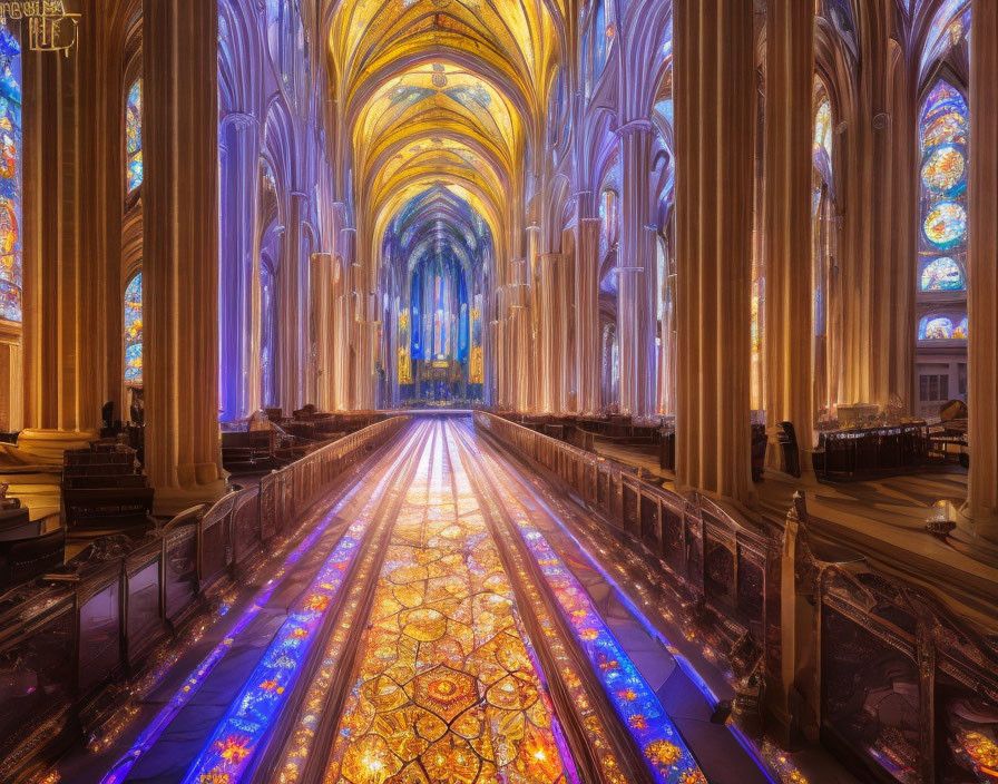 Ornate Cathedral Interior with Vaulted Ceilings and Stained Glass Windows