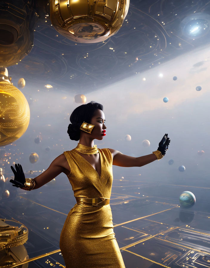Woman in golden dress surrounded by floating orbs and futuristic architecture exudes elegance and sci-fi opulence.
