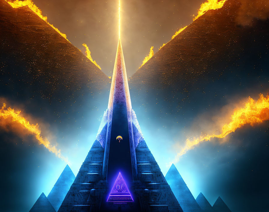 Surreal image: Luminous pyramid with fiery wings in starry sky