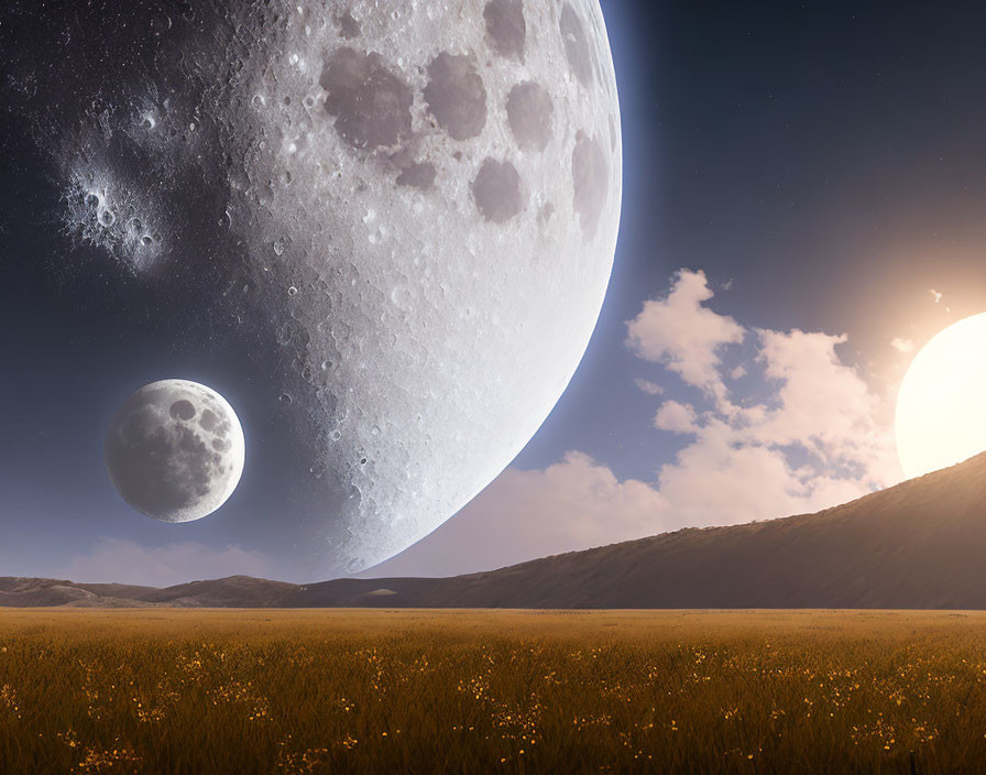 Surreal landscape with oversized moon, flowers, smaller moon, sun, and twilight sky