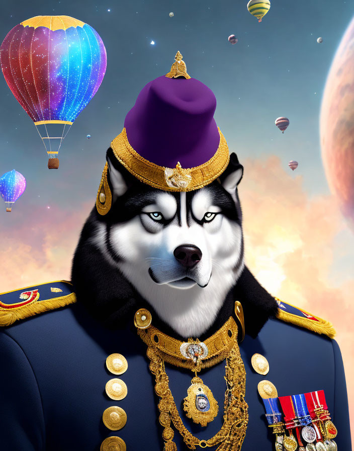 Anthropomorphic husky in military uniform with medals and purple shako hat, whimsical sky backdrop