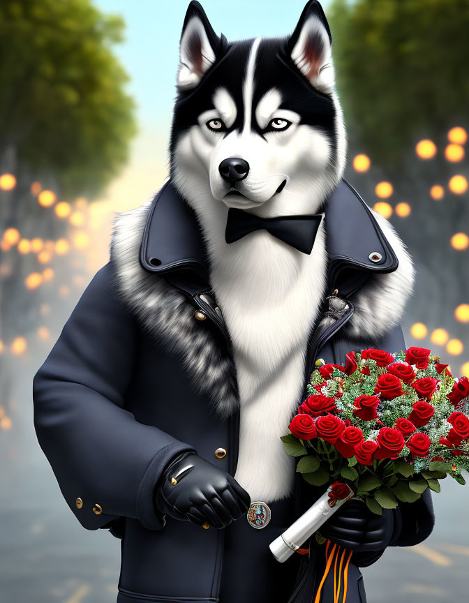 Anthropomorphic husky in leather jacket and bowtie with red roses bouquet in festive background.