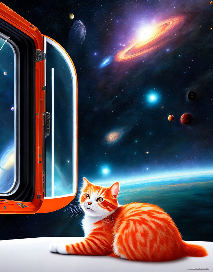 Cat by Open Spacecraft Window Observing Cosmic Scene