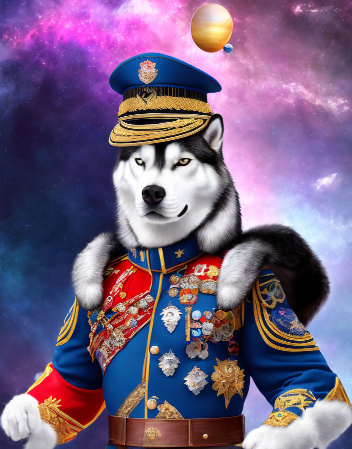 Anthropomorphic dog in military uniform with cosmic background