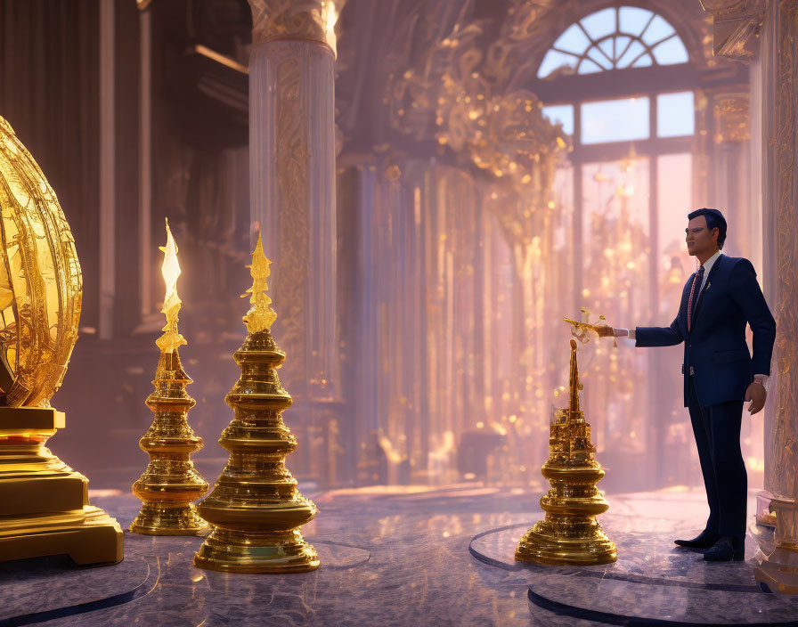 Man in suit admires lavish, golden hall with oversized chess set
