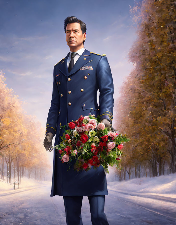 Digital Artwork: Stern Man in Military Uniform with Flowers in Autumn Setting