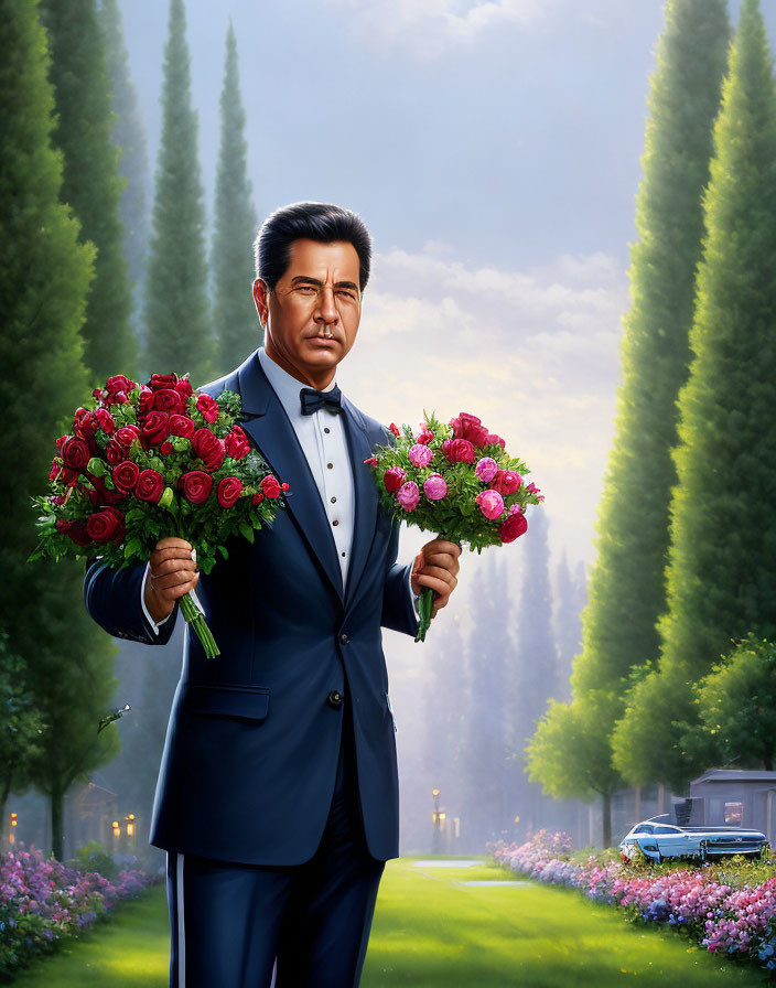 Man in Blue Suit Holding Red Roses Bouquets in Digital Painting